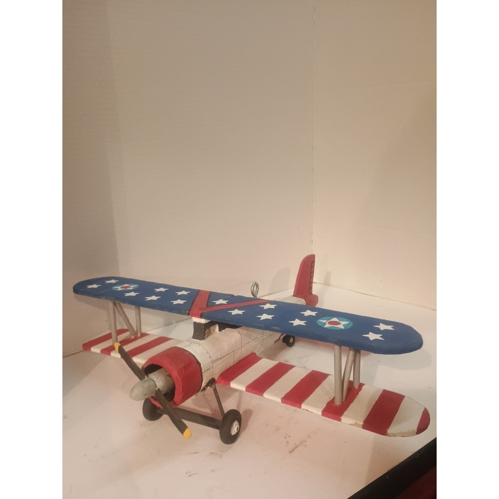 Vintage Handmaid's Wooden Biplane Model Red/White/Blue Hangs